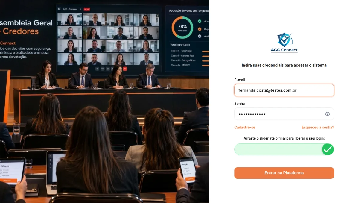 Tela de login com e-mail e senha preenchidos e o controle deslizante de segurança liberado, indicado por um ícone de confirmação verde