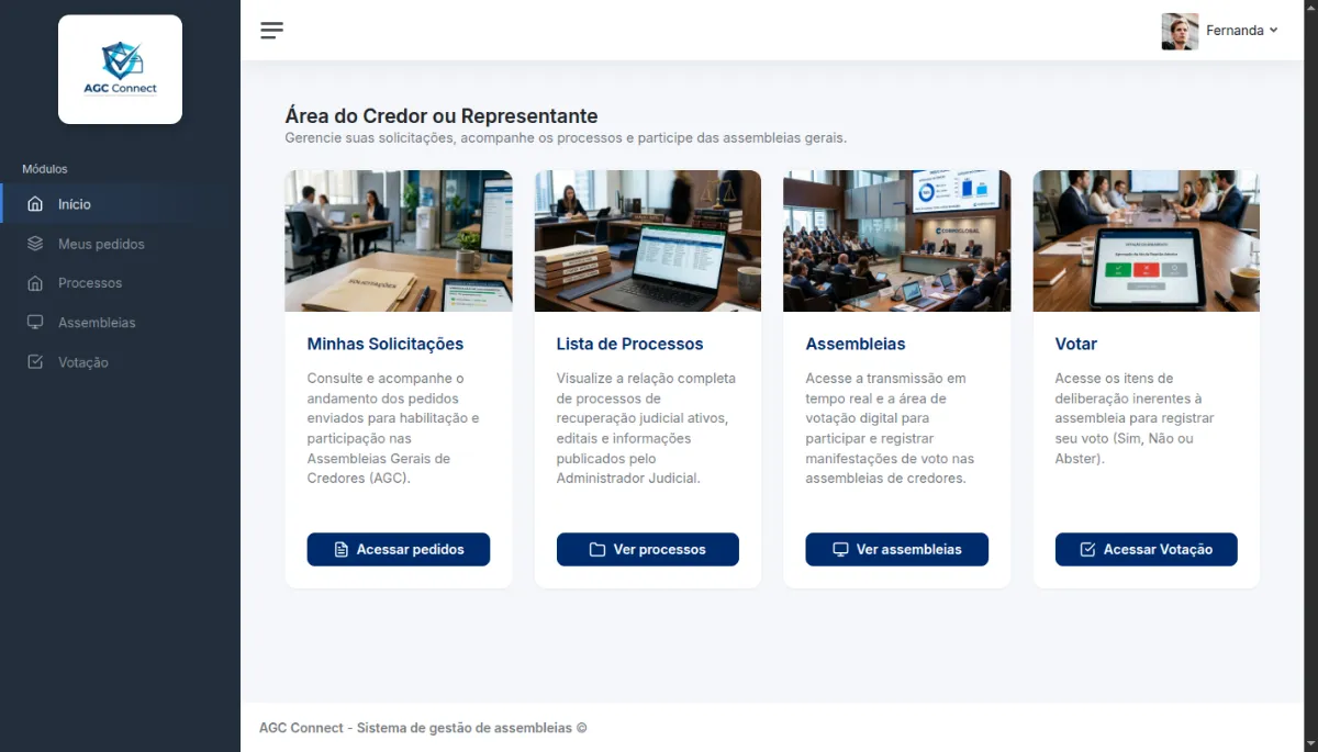 Painel inicial do credor/representante com quatro módulos: Minhas Solicitações, Lista de Processos, Assembleias e Votar
