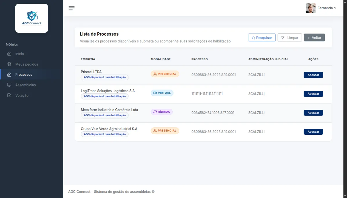 Lista de processos com colunas Empresa, Modalidade, Processo, Administração Judicial e Ações