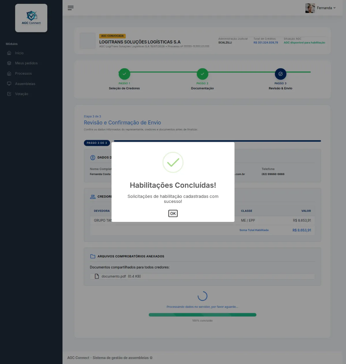 Modal de confirmação: 'Habilitações Concluídas! Solicitações de habilitação cadastradas com sucesso!'