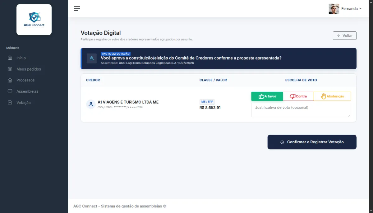 Tela de votação digital com a opção 'A favor' selecionada para o credor A1 Viagens e Turismo