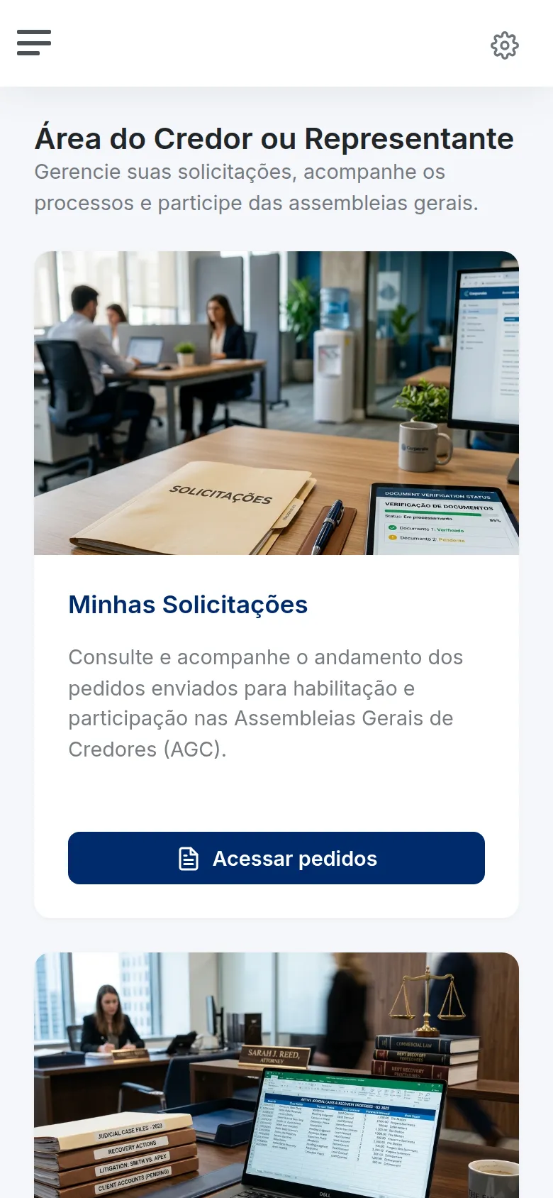 Painel do credor/representante aberto em um celular, com layout adaptado