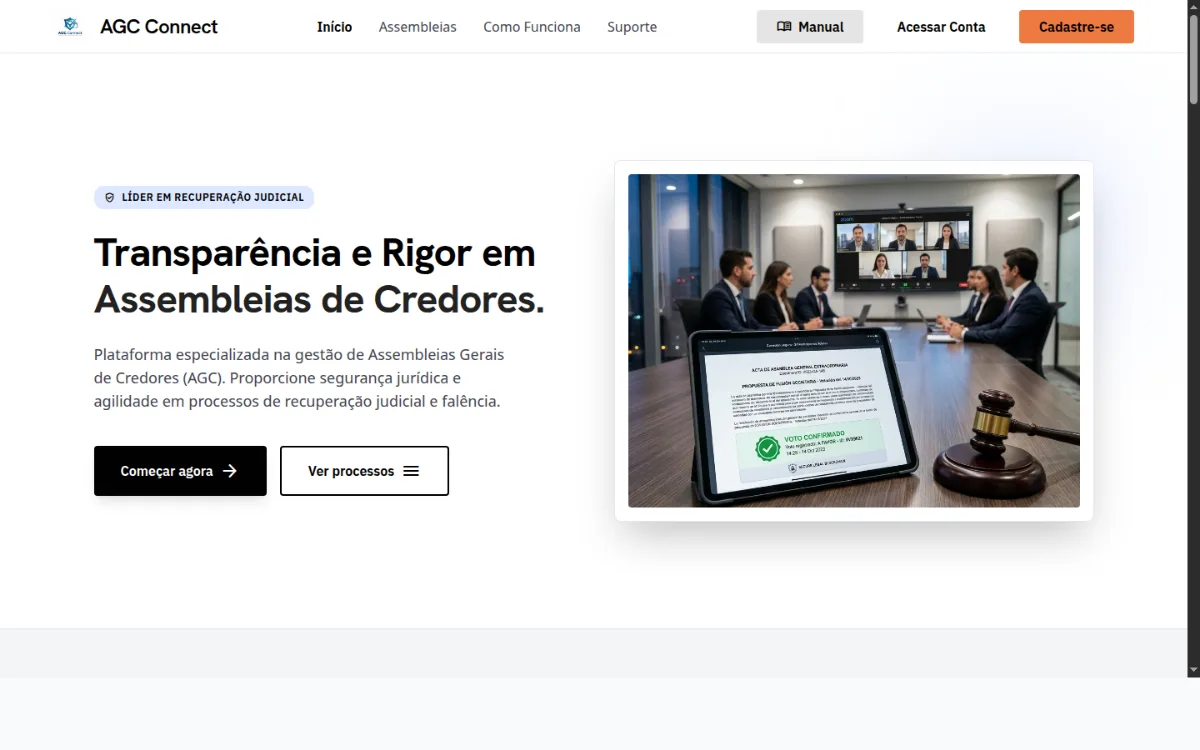 Página inicial da plataforma AGC Connect, com o título 'Transparência e Rigor em Assembleias de Credores'